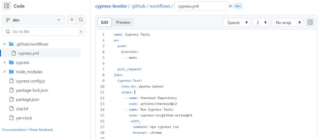 Cypress Github Actions .yml file